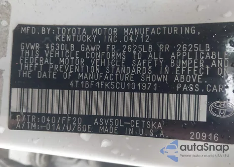 2012 Toyota Camry Se из США, поврежденный, VIN 4T1BF1FK5CU101971